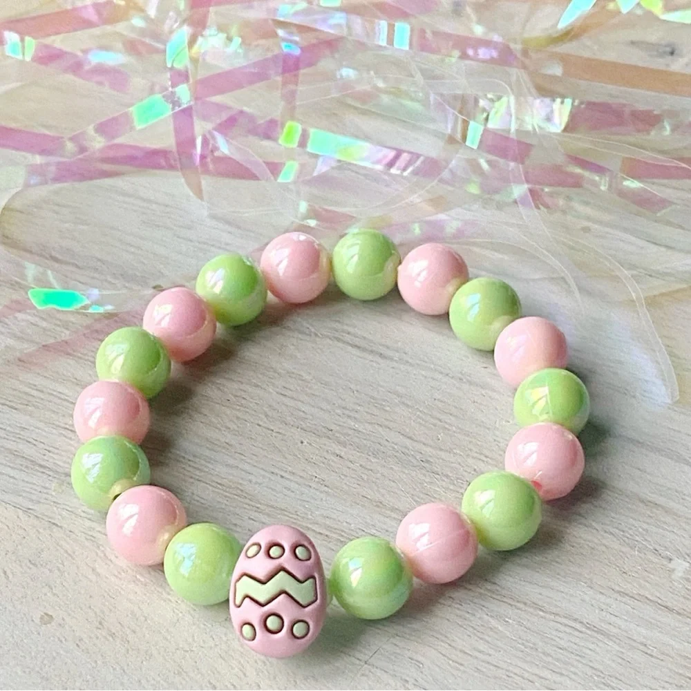Girls Easter Egg Pastel Beaded Bracelet Pink Green Easter Basket Stacking